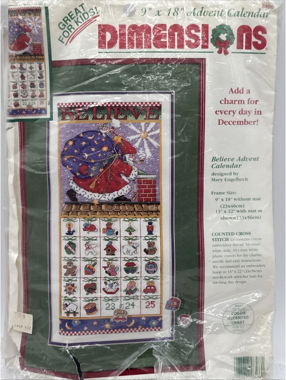 Dimensions Mary Engelgelbreit Advent Calendar 9x18” 1995 Cross Stitch *Used*